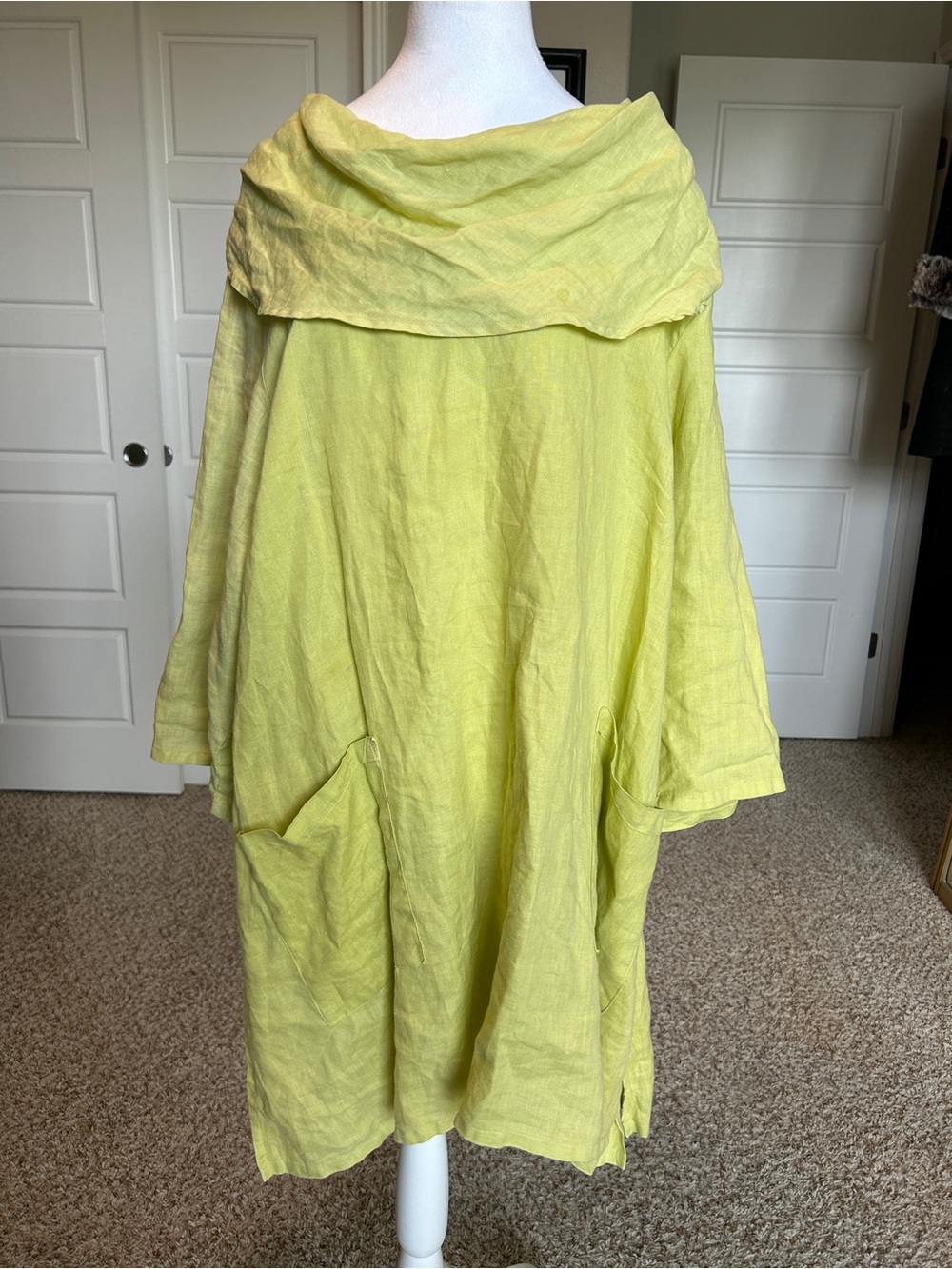 LA FIXSUN Linen Lime Green Oversized Draped Neck Lagenlook Tunic Dress Size M